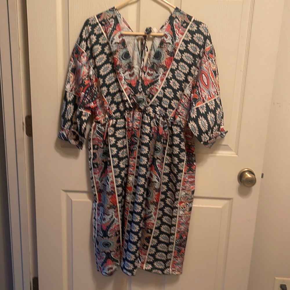 Women's Floral Printed V Neck Half Sleeve Boho Elastic Waist Big Hem Dress - Picture 2 of 5
